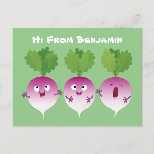 Cute turnip vegetable trio singing cartoon postcard (Front)