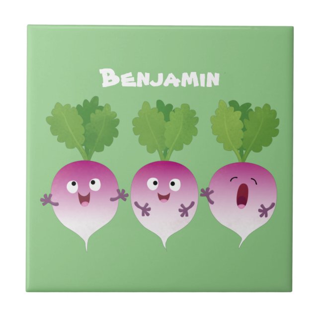 Cute turnip vegetable trio singing cartoon  tile (Front)
