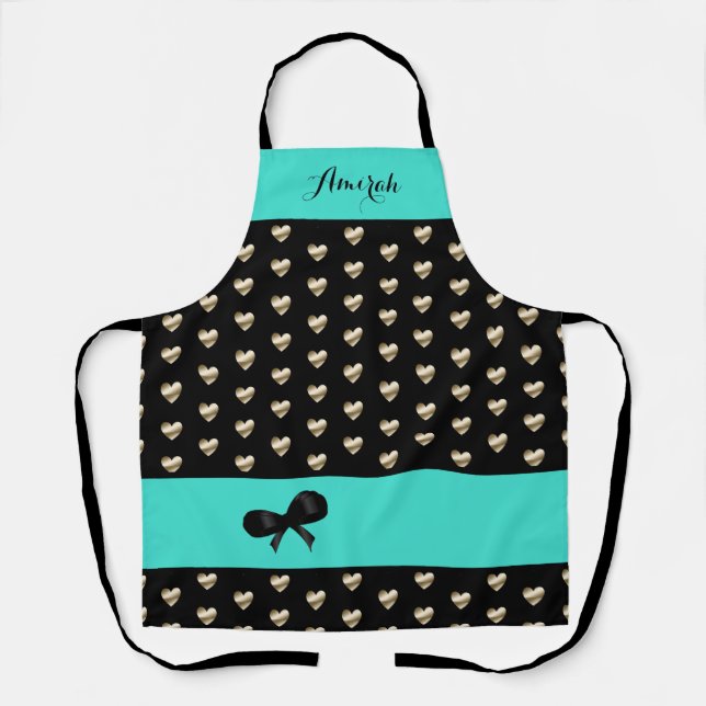 Cute Turquoise and Black Gold Heart Pattern Apron (Front)