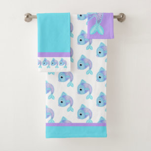 Cute Turquoise and Purple Fish Bath Towel Set