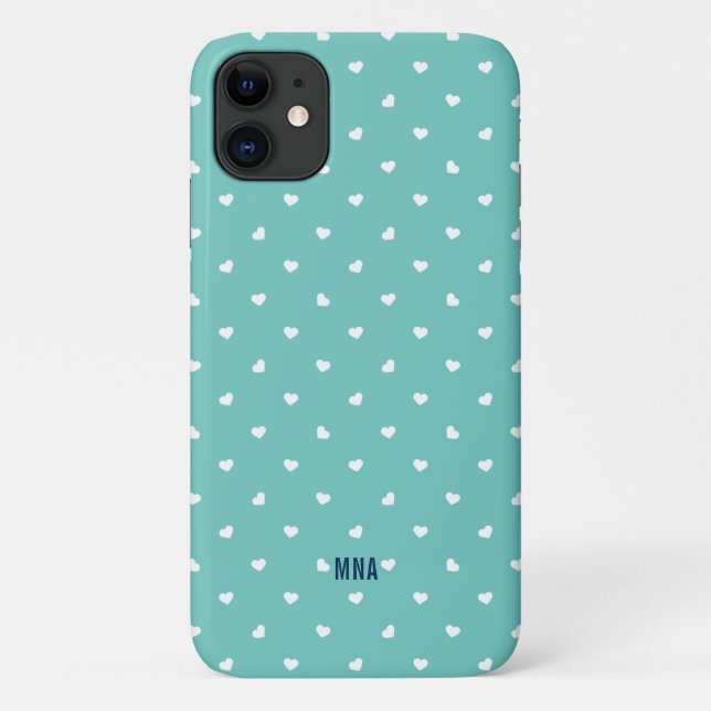 Cute Turquoise and White Hearts Pattern Monogram Case-Mate iPhone Case (Back)