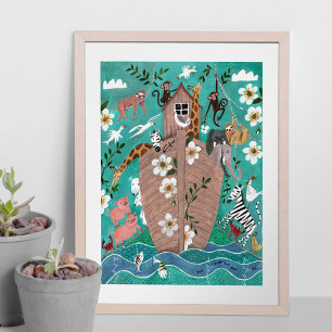 Cute turquoise blue kids ark of Noah children Poster