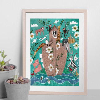 Cute turquoise blue kids ark of Noah children Poster