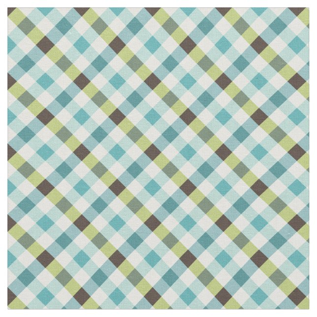 Cute turquoise brown gingham plaid pattern fabric (Close Up)