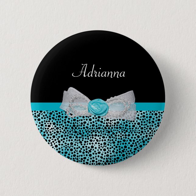 Cute Turquoise Cheetah Print Frilly Bow and Name 2 Inch Round Button (Front)