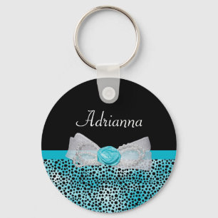 Cute Turquoise Cheetah Print Frilly Bow and Name Keychain