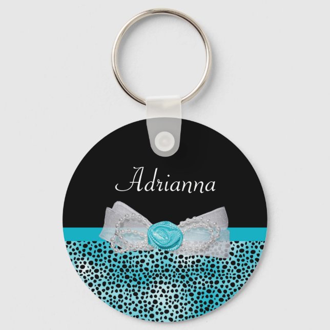 Cute Turquoise Cheetah Print Frilly Bow and Name Keychain (Front)