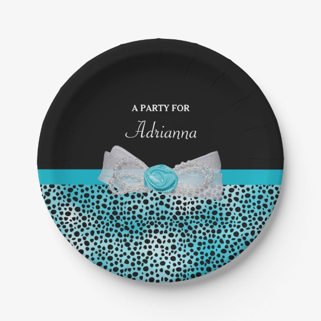 Cute Turquoise Cheetah Print Frilly Bow Party Name Paper Plate (Front)