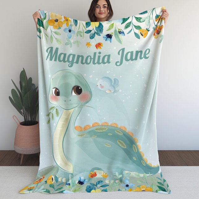 Cute Turquoise couverture pour enfants Dinosaure a (Cute Teal Dinosaur Kids Blanket with Blush Flowers)
