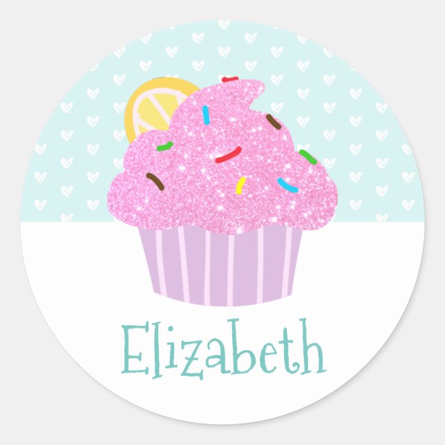 Cute turquoise cupcake sweet modern name school  classic round sticker (Front)
