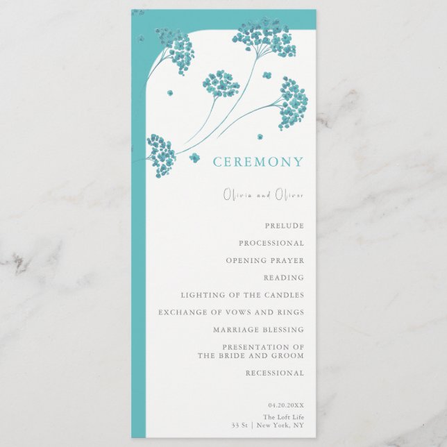 Cute Turquoise Flowers Wedding Program (Front)