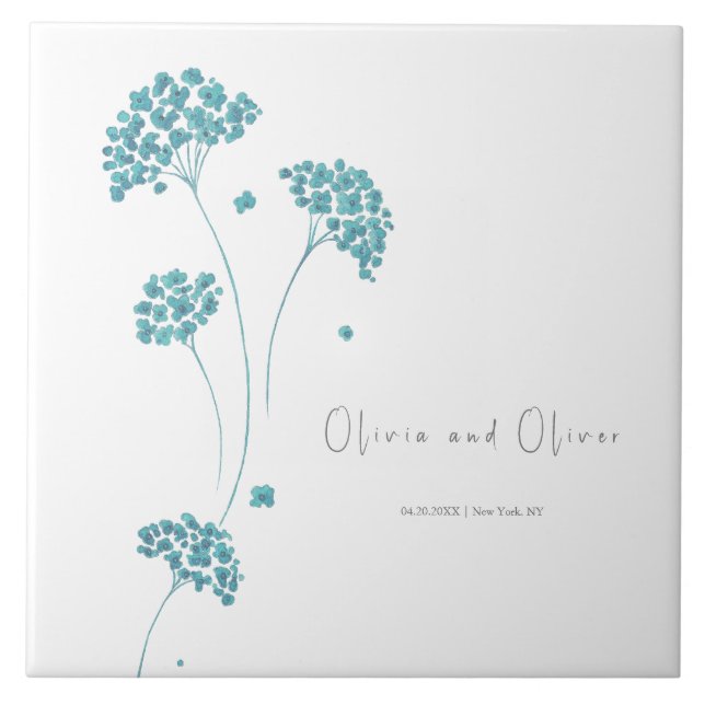 Cute Turquoise Flowers Wedding Tile (Front)
