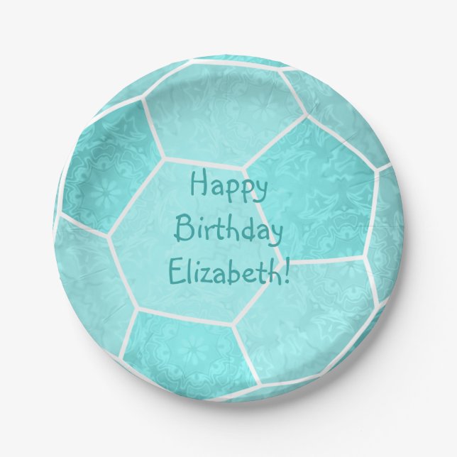 cute turquoise girly soccer birthday party paper plate (Front)