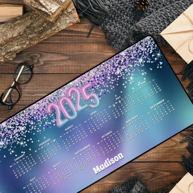 Cute turquoise glitter monogram 2025 calendar  desk mat (Creator Uploaded)
