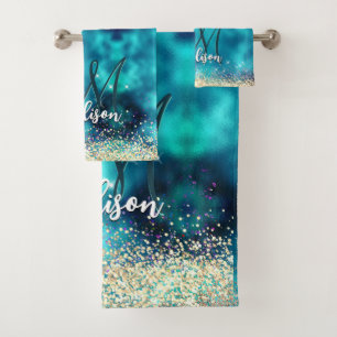 Cute turquoise gold faux glitter monogram bath towel set