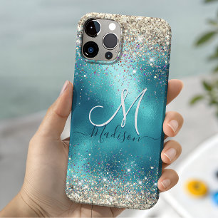 Cute turquoise gold faux glitter monogram Case-Mat iPhone 16 Pro Case