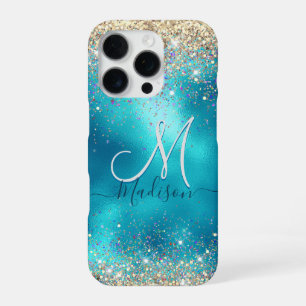 Cute turquoise gold faux glitter monogram Case-Mat iPhone 16 Pro Case