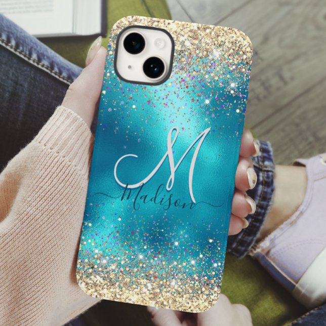 Cute turquoise gold faux glitter monogram Case-Mate iPhone case (Creator Uploaded)