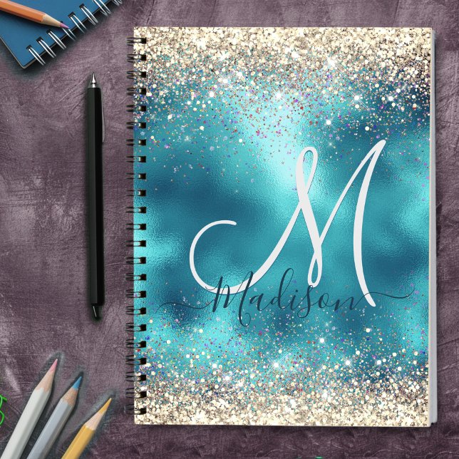 Cute turquoise gold faux glitter monogram notebook (Creator Uploaded)