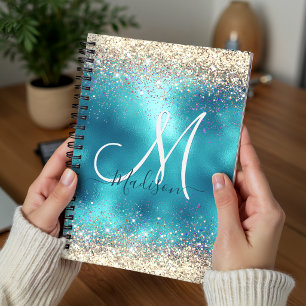 Cute turquoise gold faux glitter monogram planner