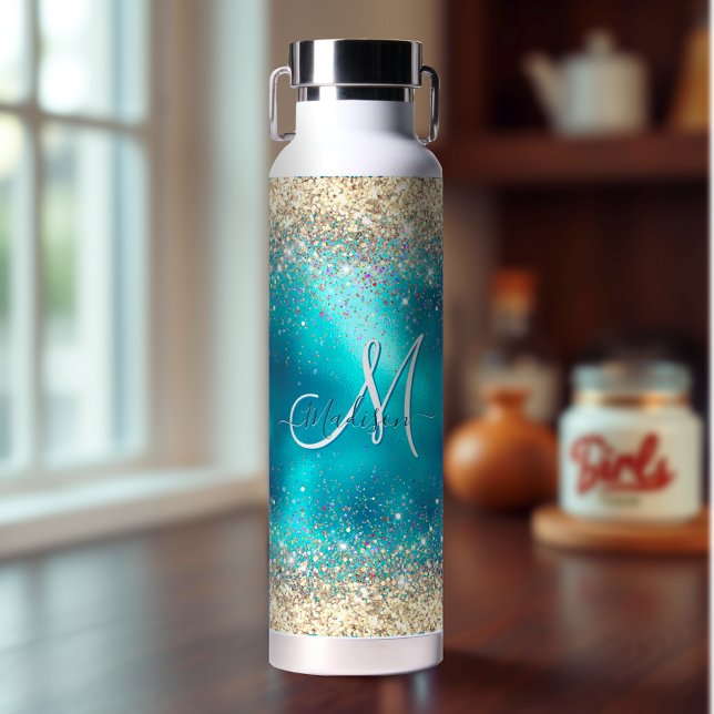 Cute turquoise gold faux glitter monogram water bottle (Creator Uploaded)