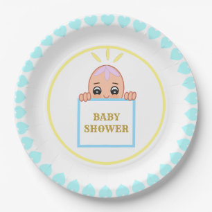 Cute Turquoise Hearts Baby Shower Paper Plate
