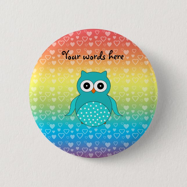 Cute turquoise owl rainbow hearts 2 inch round button (Front)