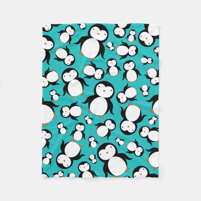 Cute turquoise penguin pattern fleece blanket (Front)