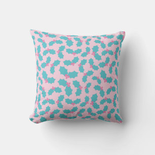 Cute Turquoise & Pink Christmas Mistletoe Festive Throw Pillow