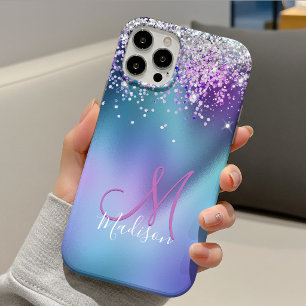 Cute turquoise purple faux glitter monogram