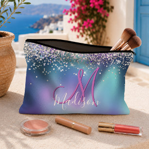 Cute turquoise purple faux glitter monogram accessory pouch