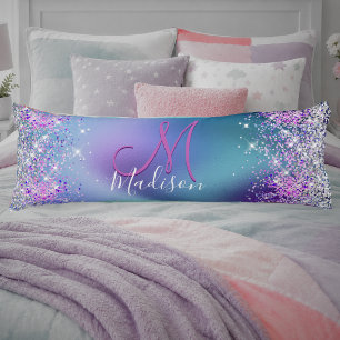Cute turquoise purple faux glitter monogram body pillow