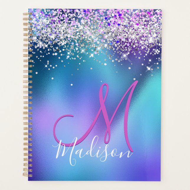 Cute turquoise purple faux glitter monogram planner (Front)