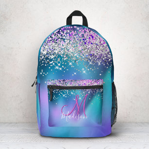 Cute turquoise purple faux glitter monogram printed backpack