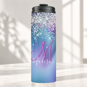 Cute turquoise purple faux glitter monogram thermal tumbler