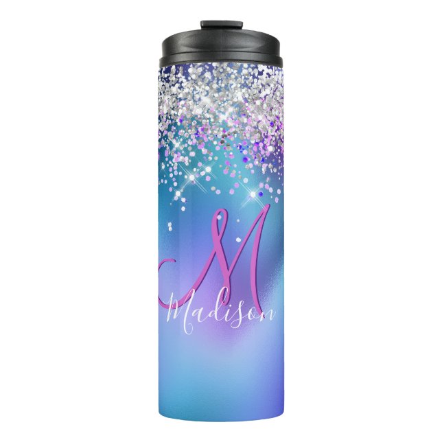 Cute turquoise purple faux glitter monogram thermal tumbler (Front)
