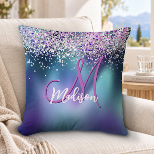 Cute turquoise purple faux glitter monogram throw pillow