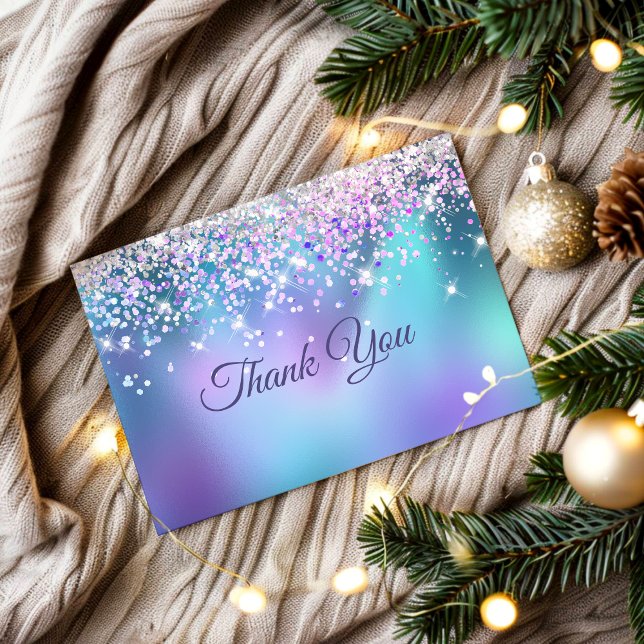 Cute turquoise purple faux glitter thank you card (Creator Uploaded)