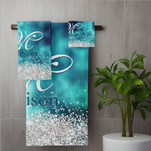 Cute turquoise silver faux glitter monogram bath towel set