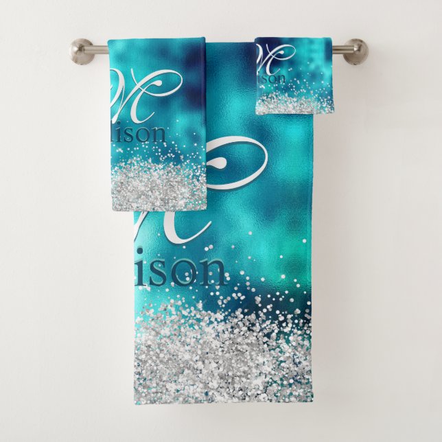 Cute turquoise silver faux glitter monogram bath towel set (Insitu)