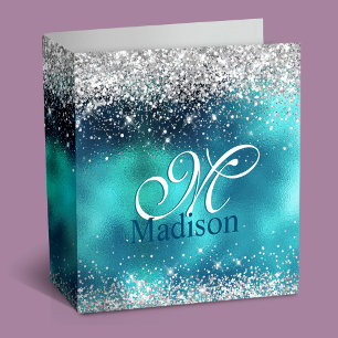 Cute turquoise silver faux glitter monogram binder