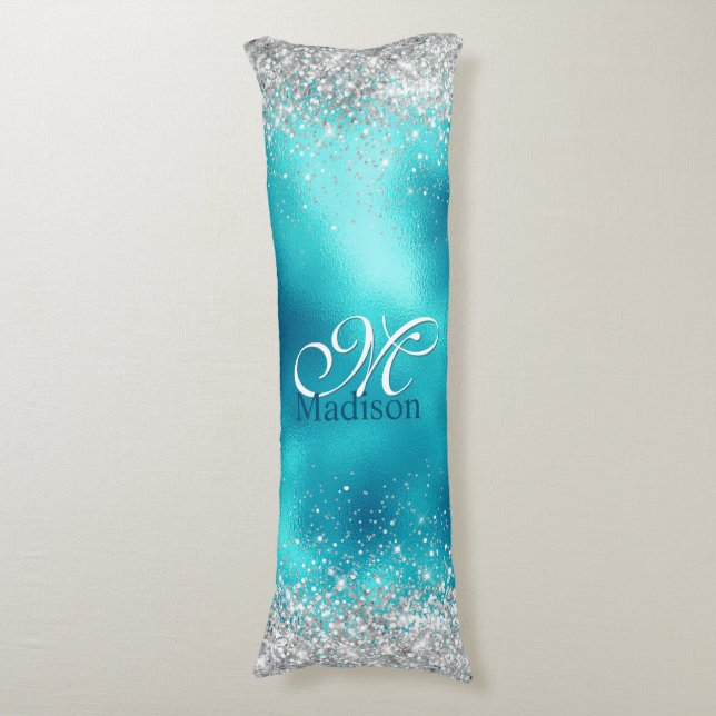 Cute turquoise silver faux glitter monogram body pillow (Front Vertical)