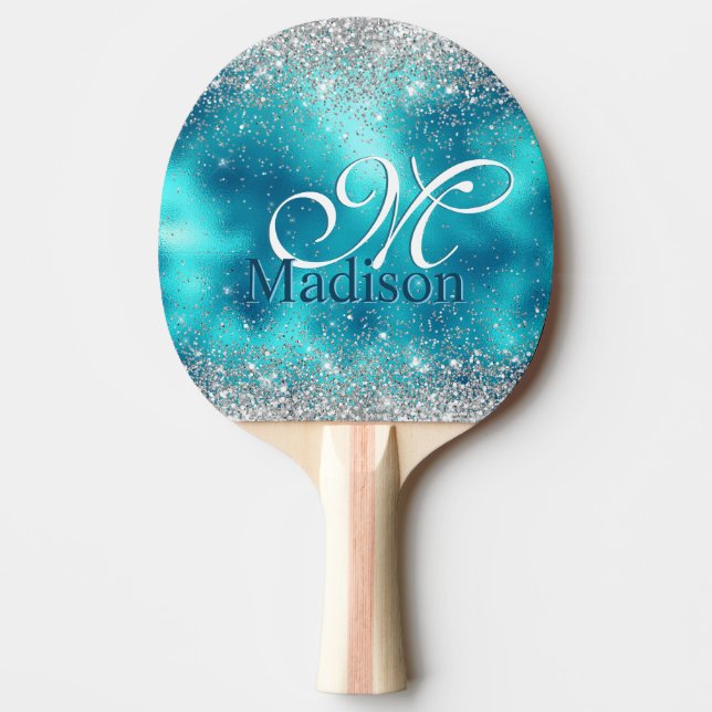 Cute turquoise silver faux glitter monogram ping pong paddle (Front)