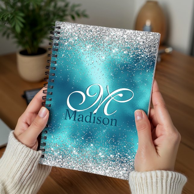 Cute turquoise silver faux glitter monogram planner (Creator Uploaded)
