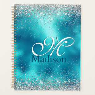 Cute turquoise silver faux glitter monogram planner