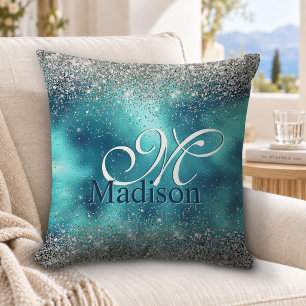 Cute turquoise silver faux glitter monogram throw pillow