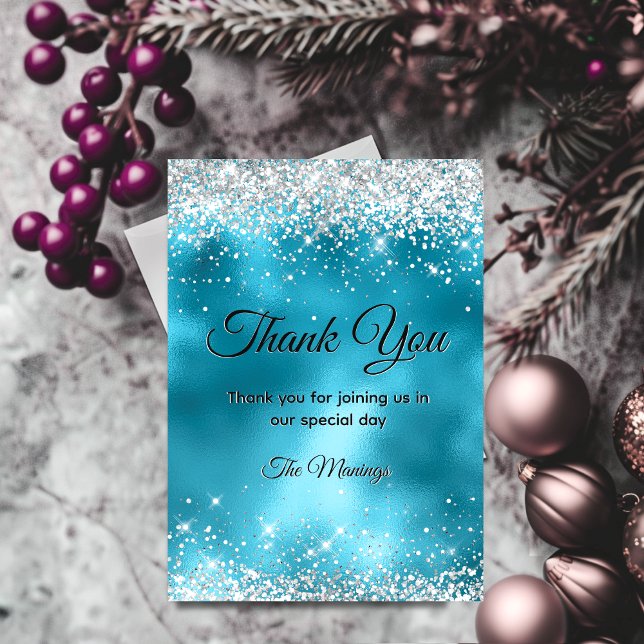 Cute turquoise silver faux glitter thank you card (Creator Uploaded)
