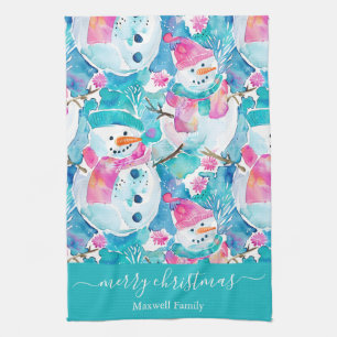 Cute turquoise snowmen script christmas kitchen towel