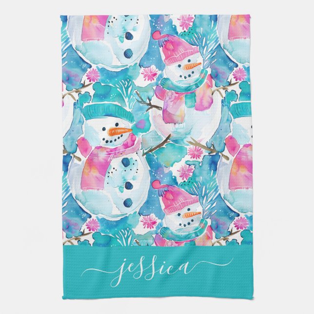 Cute turquoise snowmen script name kitchen towel (Vertical)