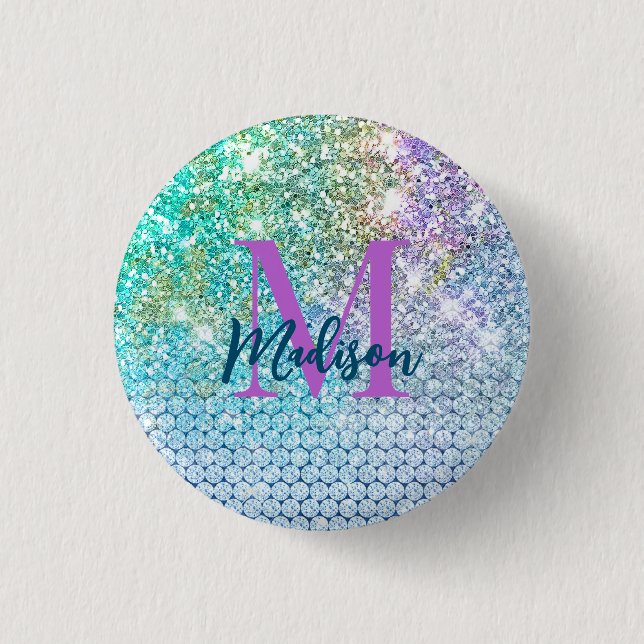 Cute Turquoise unicorn faux glitter monogram  1 Inch Round Button (Front)